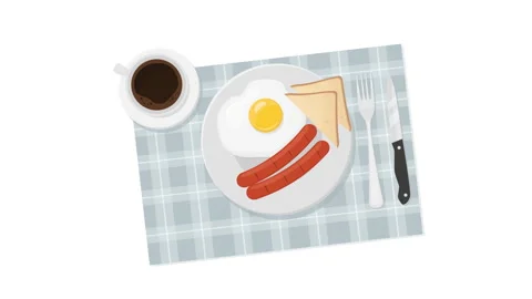 Breakfast with coffee, scrambled eggs, sausages, toast. 스톡 동영상 314224360