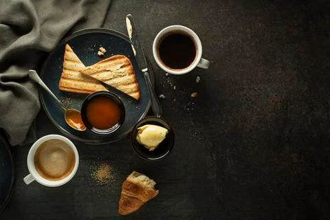 Breakfast coffee table with snack Stock Photos