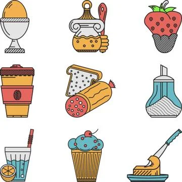 Breakfast colored flat icons collection Stock Illustration