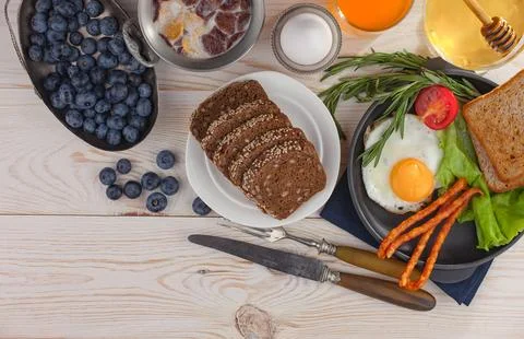 Breakfast composition in the kitchen Stock Photos