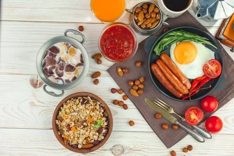Breakfast composition in the kitchen Stock Photos