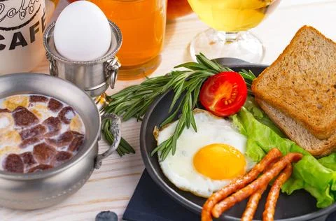 Breakfast composition in the kitchen Stock Photos