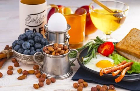 Breakfast composition in the kitchen Stock Photos