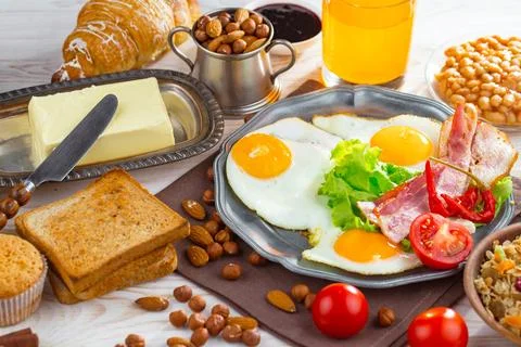 Breakfast composition in the kitchen Stock Photos