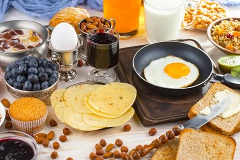 Breakfast composition in the kitchen Stock Photos