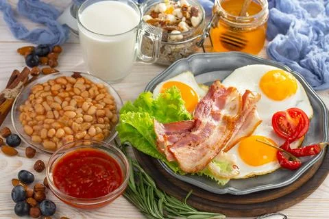 Breakfast composition in the kitchen Stock Photos
