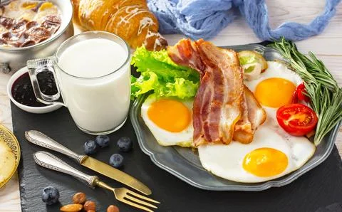 Breakfast composition in the kitchen Stock Photos