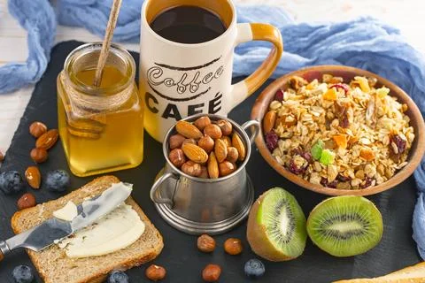 Breakfast composition in the kitchen Stock Photos