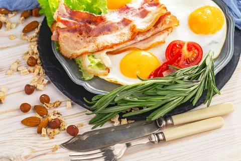 Breakfast composition in the kitchen Stock Photos
