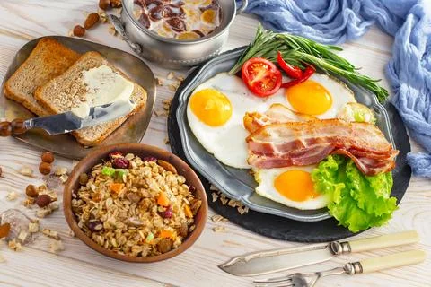 Breakfast composition in the kitchen Stock Photos