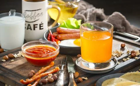 Breakfast composition in the kitchen Stock Photos