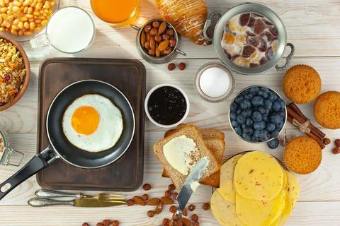 Breakfast composition in the kitchen Stock Photos