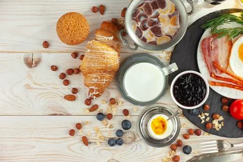 Breakfast composition in the kitchen Stock Photos