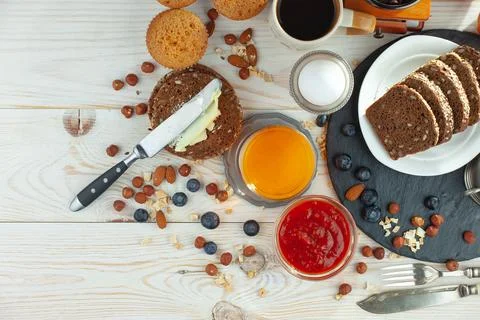 Breakfast composition in the kitchen Stock Photos