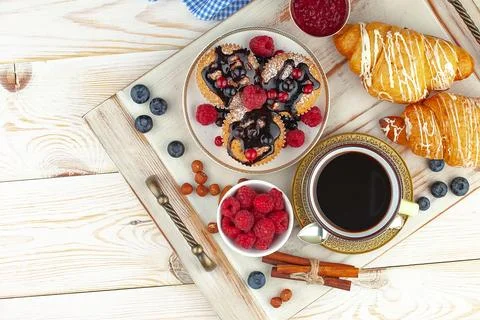Breakfast composition in the kitchen Stock Photos