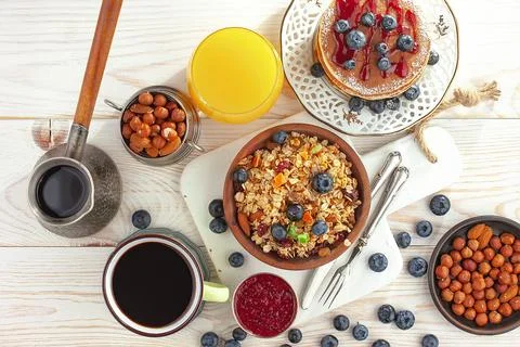 Breakfast composition in the kitchen Stock Photos