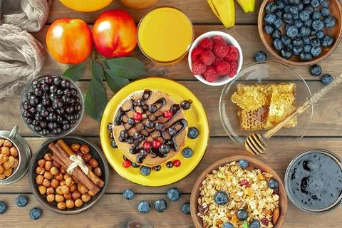 Breakfast composition in the kitchen Stock Photos