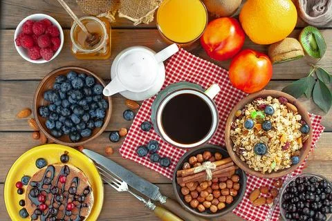 Breakfast composition in the kitchen Stock Photos