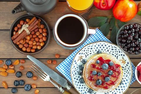 Breakfast composition in the kitchen Stock Photos