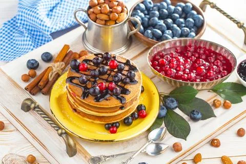 Breakfast composition in the kitchen Stock Photos