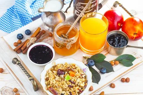 Breakfast composition in the kitchen Stock Photos