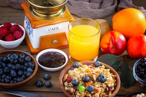 Breakfast composition in the kitchen Stock Photos