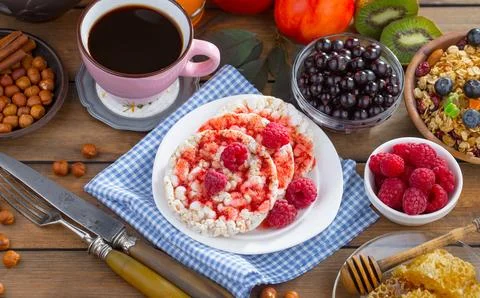 Breakfast composition in the kitchen Stock Photos