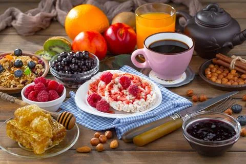 Breakfast composition in the kitchen Stock Photos