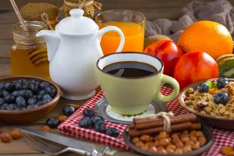 Breakfast composition in the kitchen Stock Photos