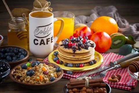 Breakfast composition in the kitchen Stock Photos