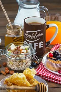 Breakfast composition in the kitchen Stock Photos
