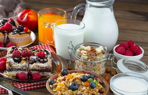 Breakfast composition in the kitchen Stock Photos