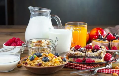 Breakfast composition in the kitchen Stock Photos