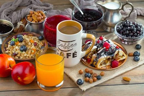 Breakfast composition in the kitchen Stock Photos
