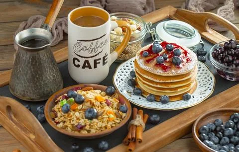 Breakfast composition in the kitchen Stock Photos