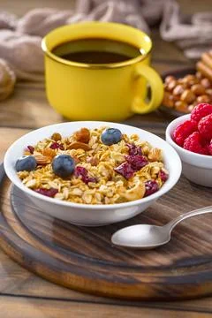 Breakfast composition in the kitchen Stock Photos