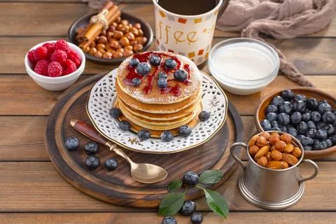 Breakfast composition in the kitchen Stock Photos