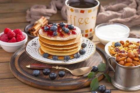 Breakfast composition in the kitchen Stock Photos