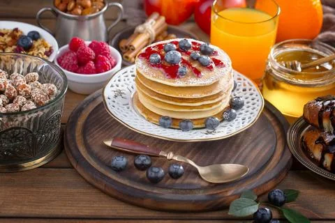 Breakfast composition in the kitchen Stock Photos