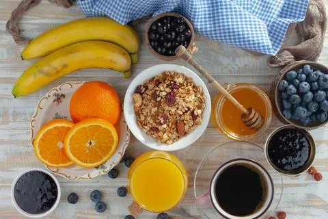 Breakfast composition in the kitchen Stock Photos