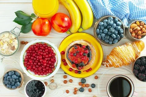 Breakfast composition in the kitchen Stock Photos