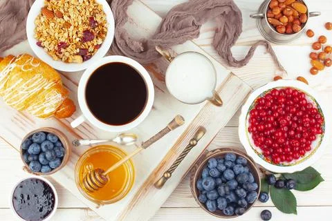Breakfast composition in the kitchen Stock Photos