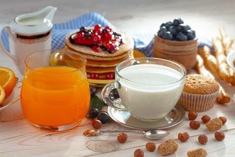Breakfast composition in the kitchen Stock Photos