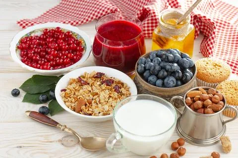 Breakfast composition in the kitchen Stock Photos