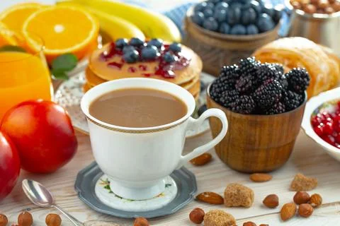 Breakfast composition in the kitchen Stock Photos