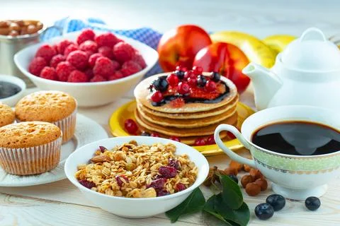 Breakfast composition in the kitchen Stock Photos