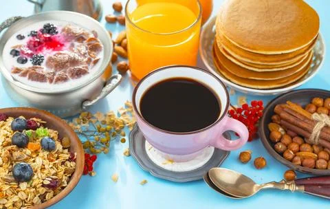Breakfast composition in the kitchen Stock Photos