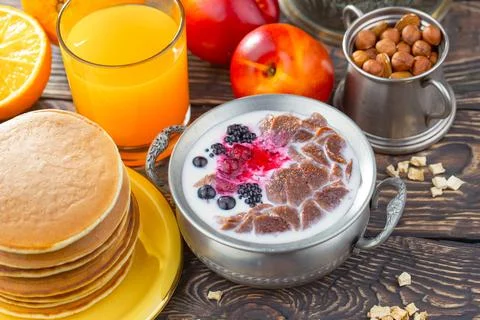 Breakfast composition in the kitchen Stock Photos
