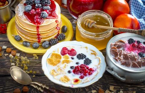 Breakfast composition in the kitchen Stock Photos