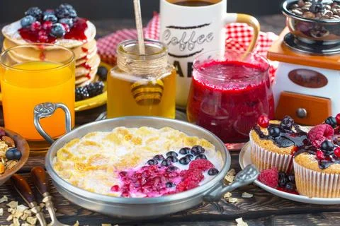 Breakfast composition in the kitchen Stock Photos